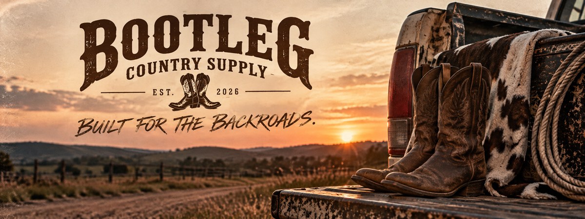 Bootleg Country Supply western backroads sunset homepage banner